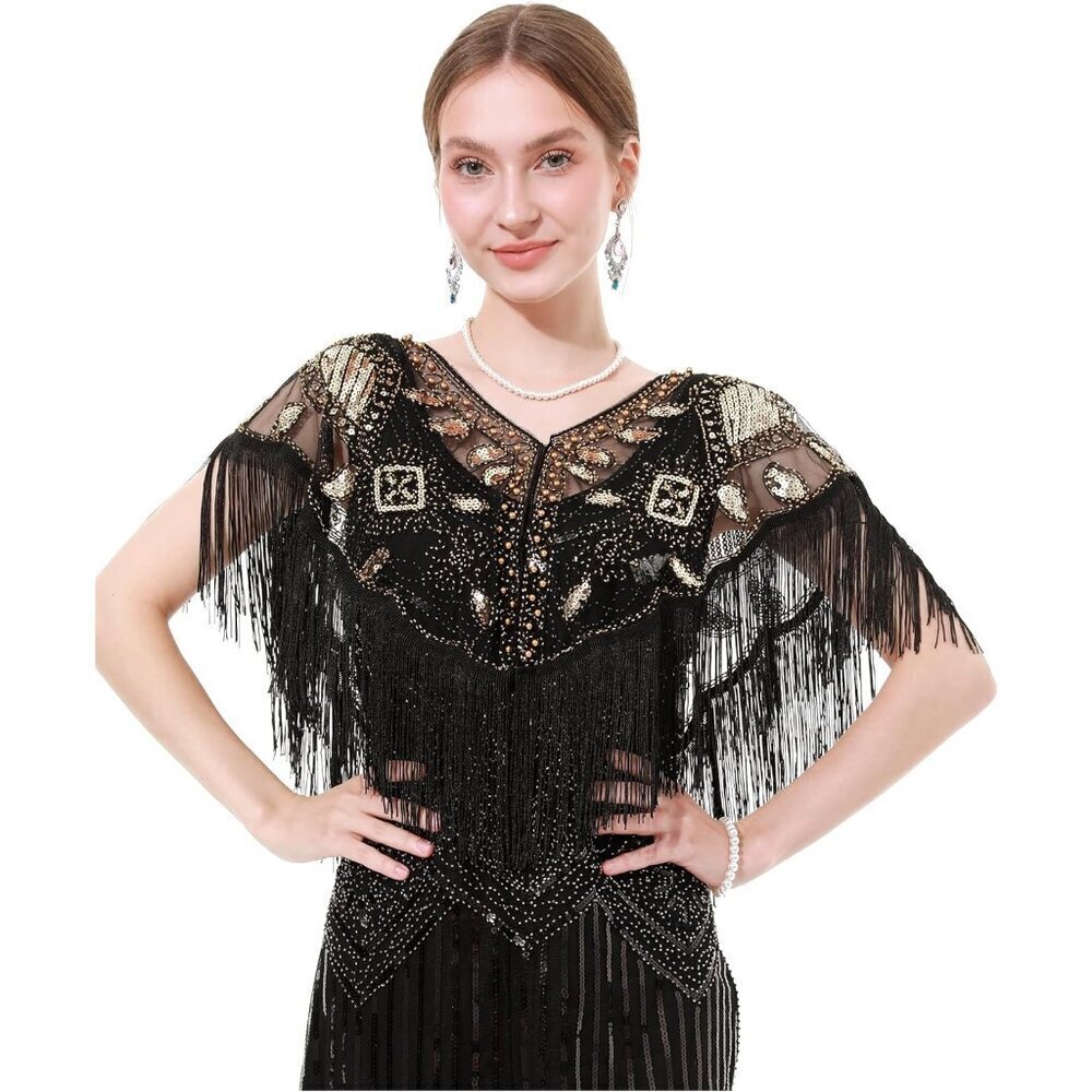 1920s Sequin Fringe Shawl Flapper Wrap for Women Gatsby Party Wedding